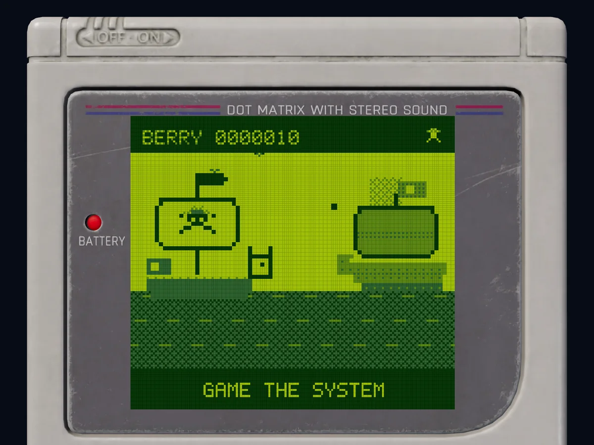 The Game Boy's screen: the crew's ship firing on a Marine ship – Game the System
