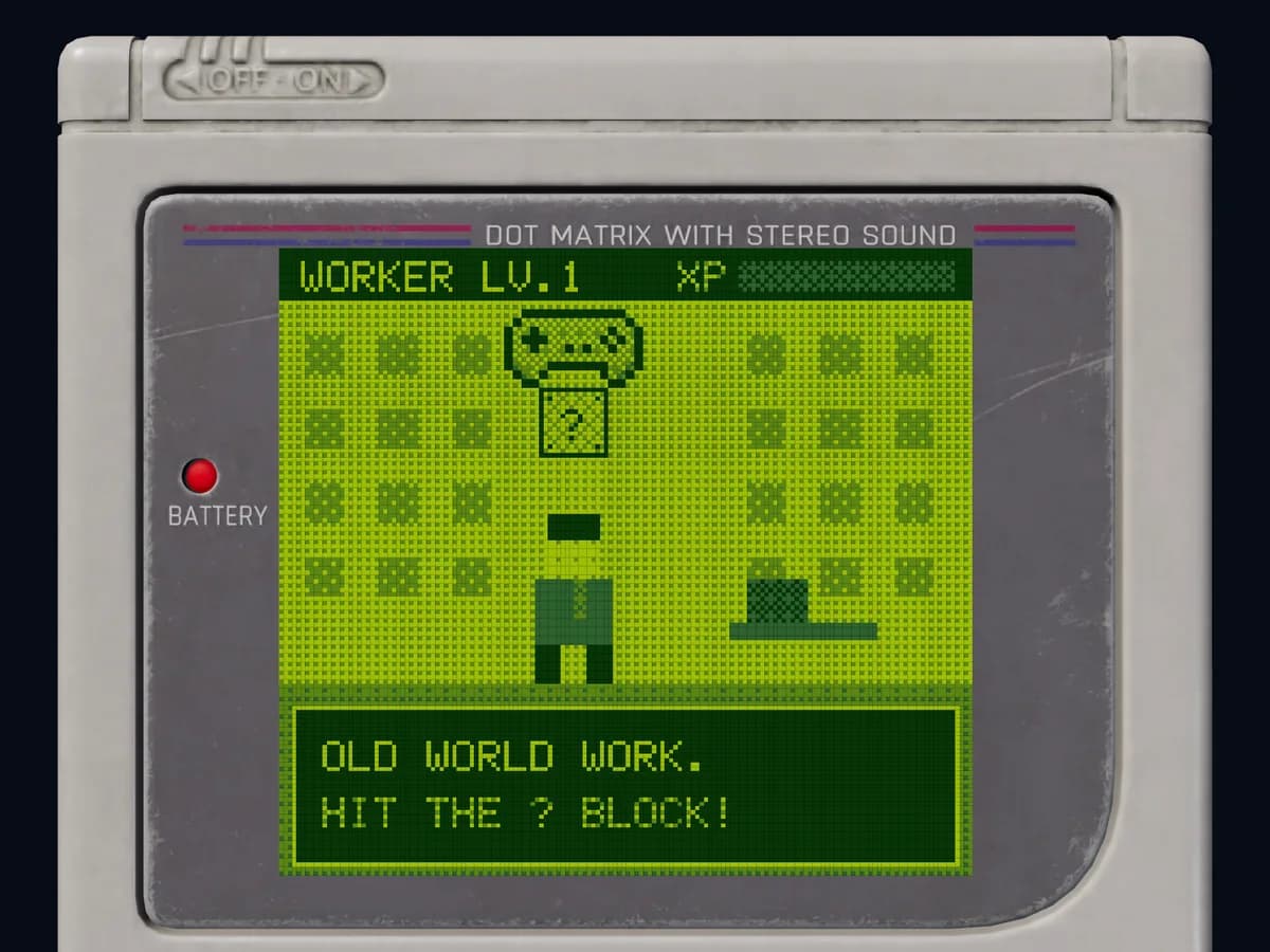 The Game Boy's screen: an office worker under a ? block, a gamepad popping out – New Era Work