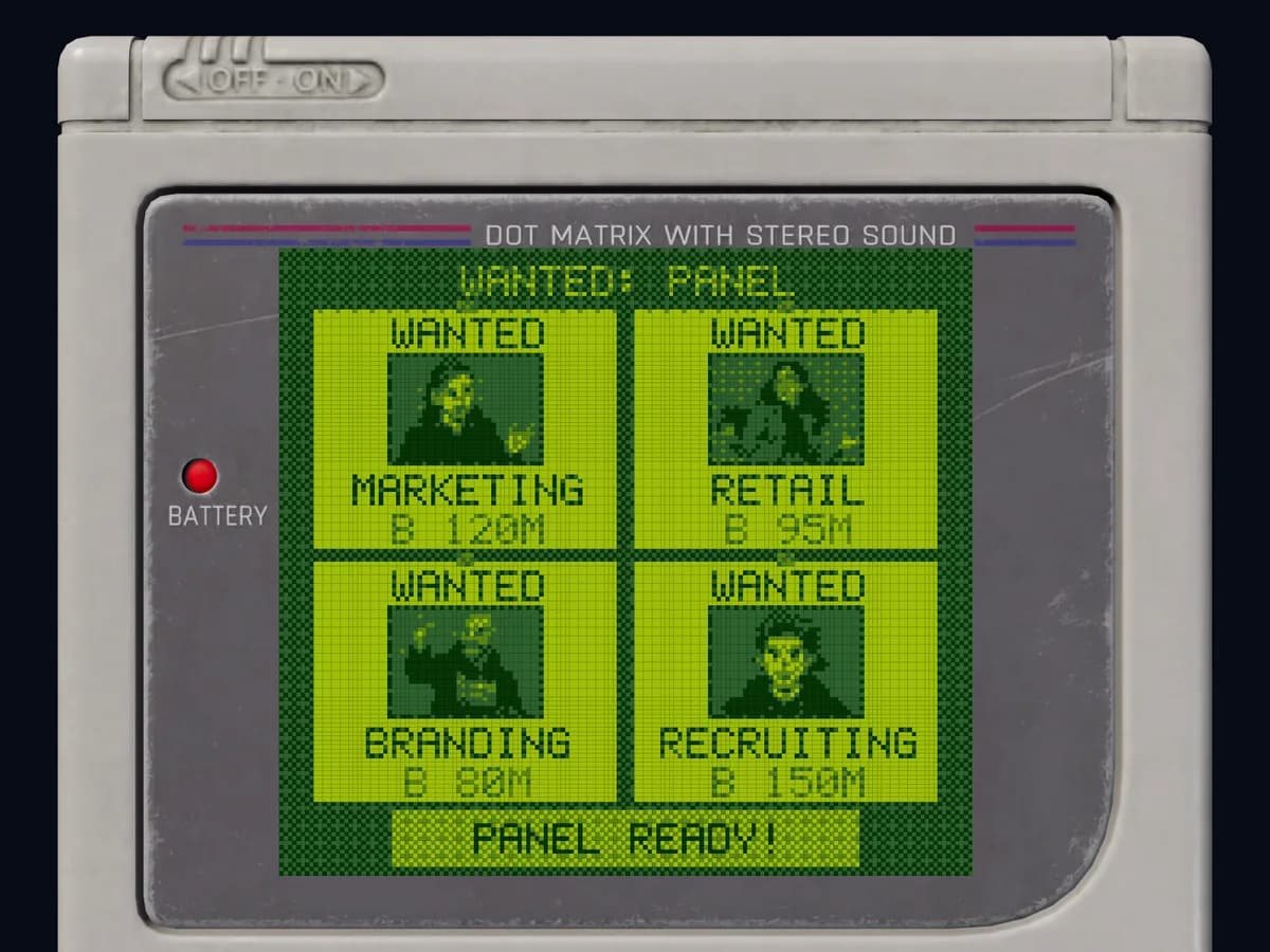 The Game Boy's screen: four wanted posters – marketing, retail, branding, recruiting – panel ready