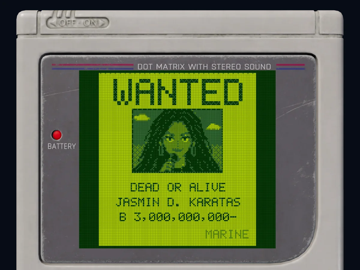 The Game Boy's screen: Jasmin's wanted poster – dead or alive, 3,000,000,000 berries